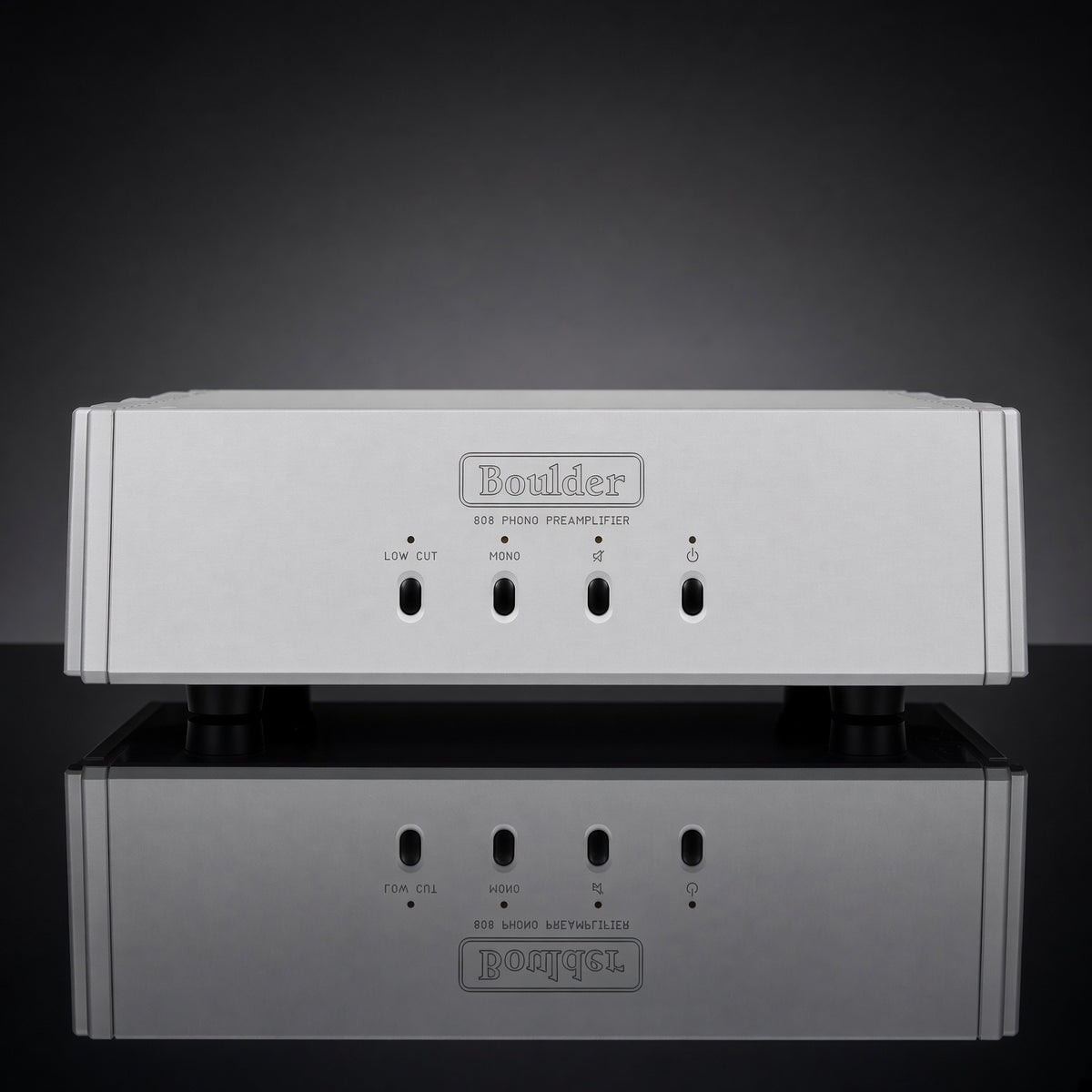 Boulder 808 phono preamplifier front view, silver chassis with Low Cut and Mono controls