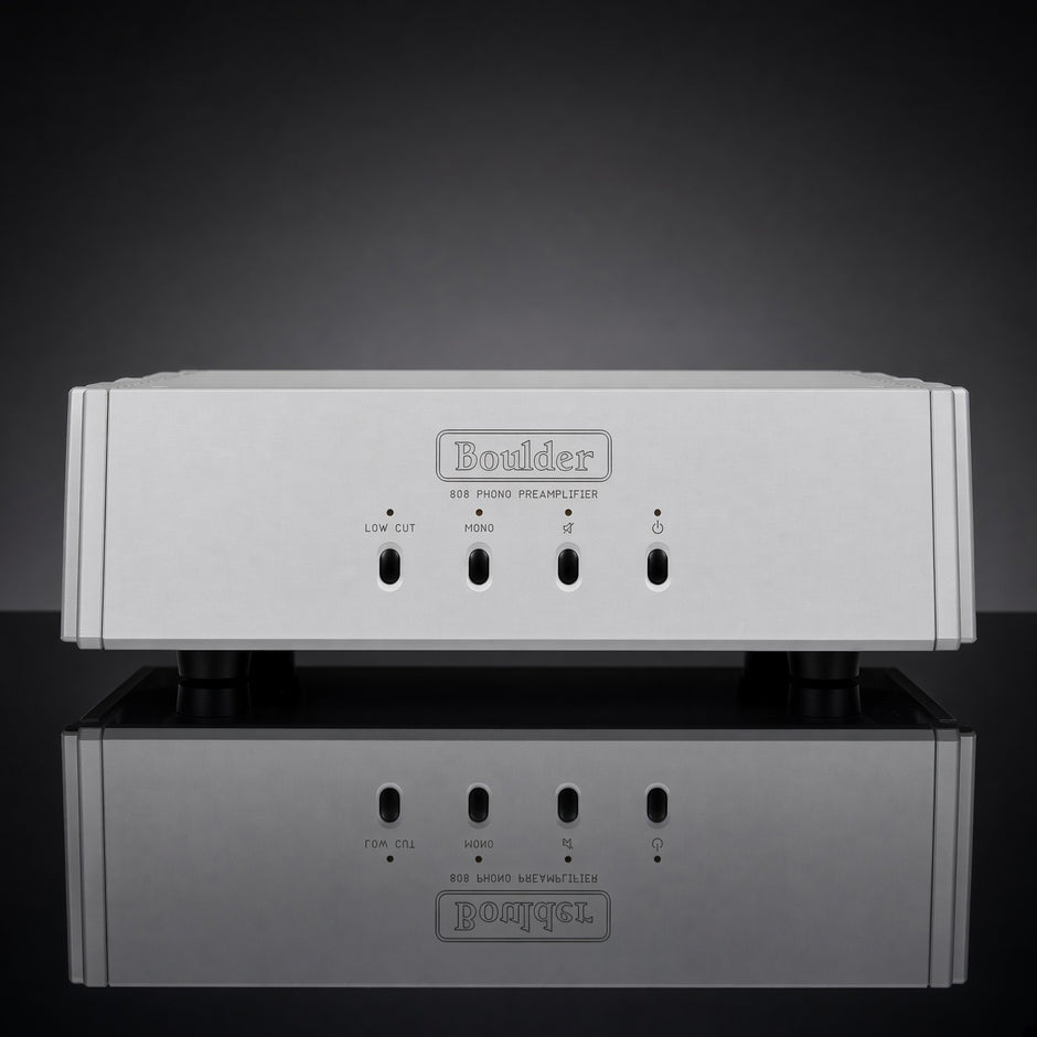 Boulder 808 phono preamplifier front view, silver chassis with Low Cut and Mono controls
