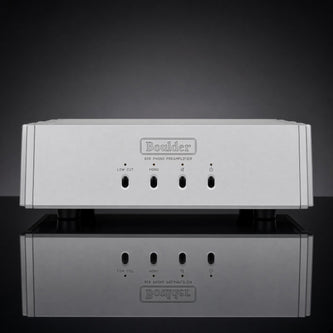 Boulder 808 phono preamplifier front view, silver chassis with Low Cut and Mono controls