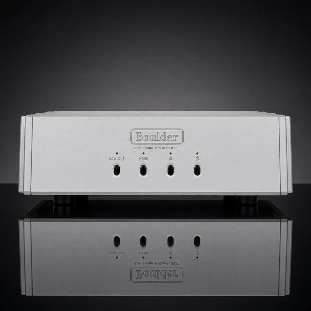 Boulder 808 phono preamplifier front view, silver chassis with Low Cut and Mono controls