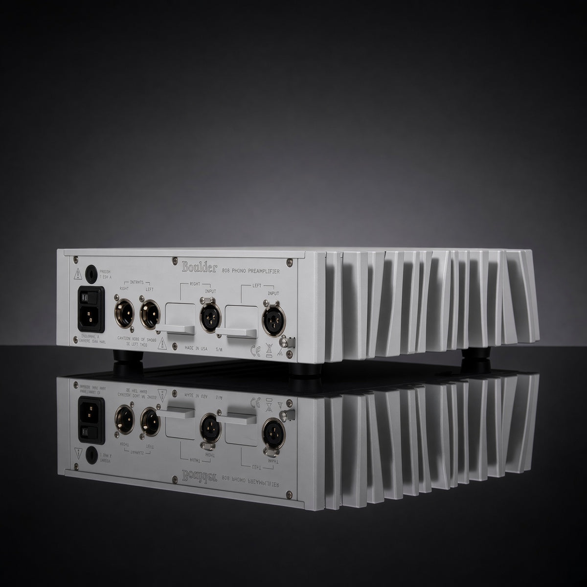 Boulder 808 phono preamplifier rear panel with balanced XLR in/out and IEC inlet