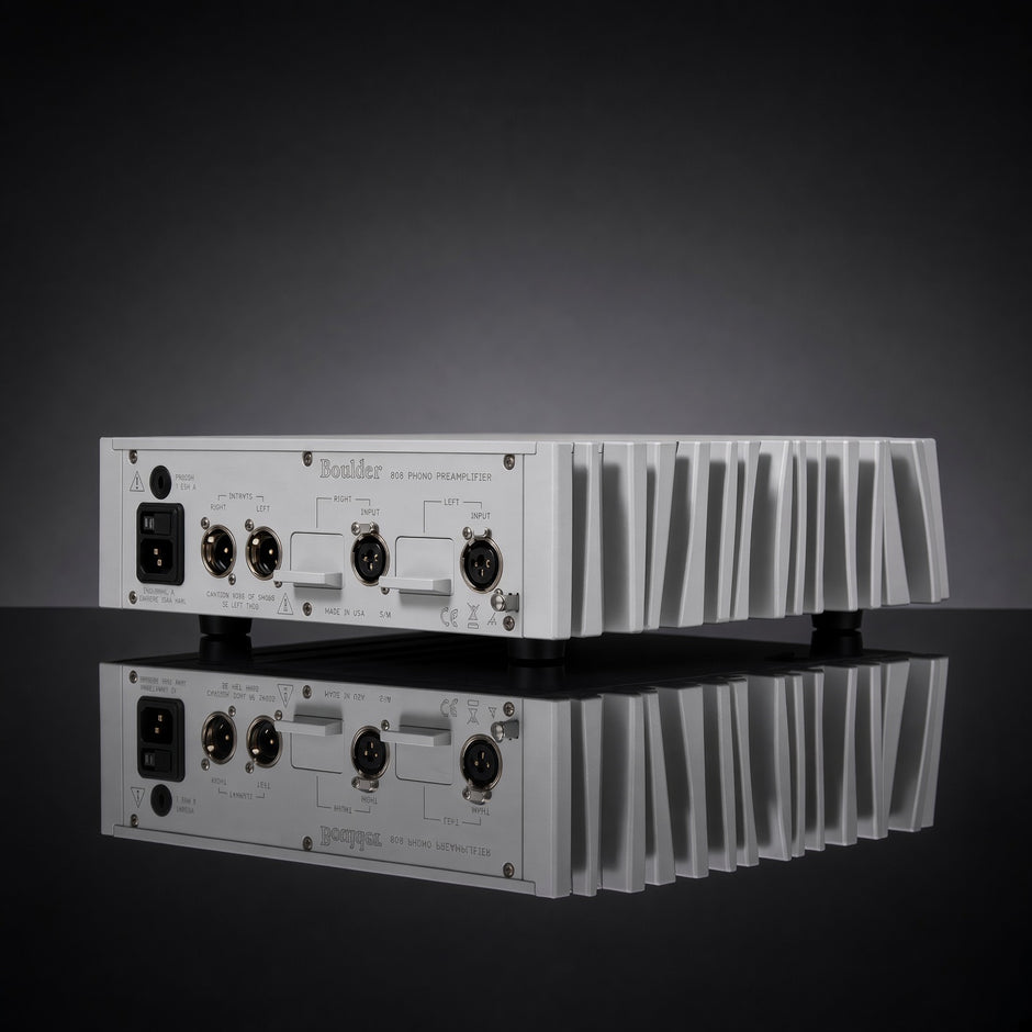 Boulder 808 phono preamplifier rear panel with balanced XLR in/out and IEC inlet