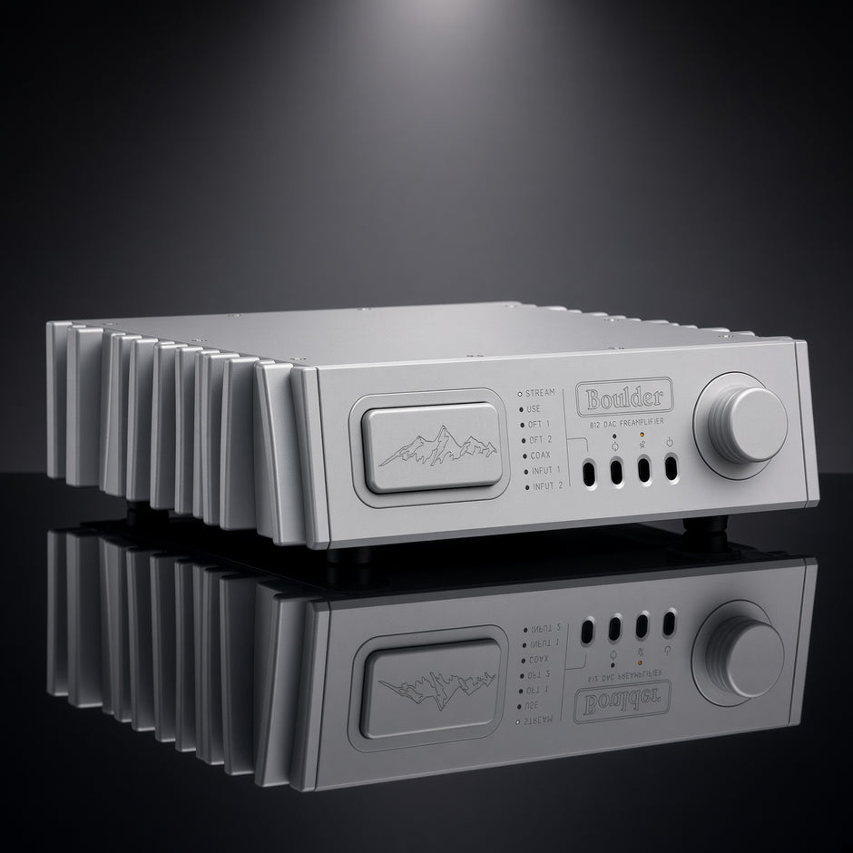 Boulder 812 DAC／前級／耳機放大器正面，銀色機身、山形銘牌、音量旋鈕與波浪散熱片