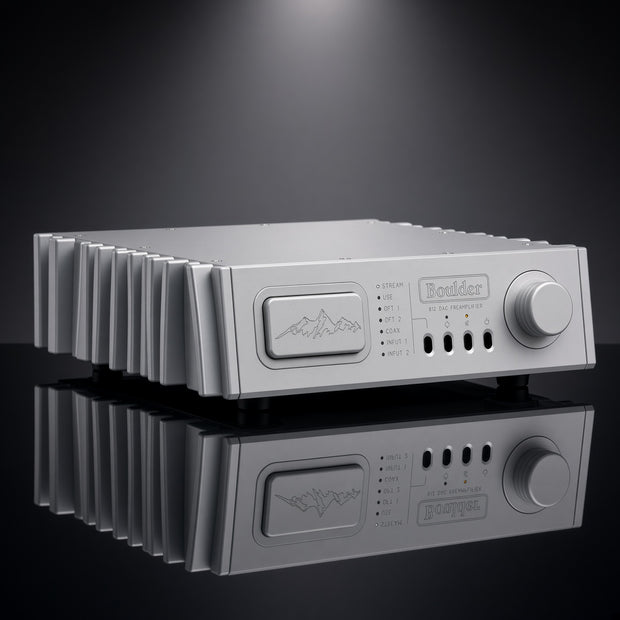 Boulder 812 DAC／前級／耳機放大器正面，銀色機身、山形銘牌、音量旋鈕與波浪散熱片