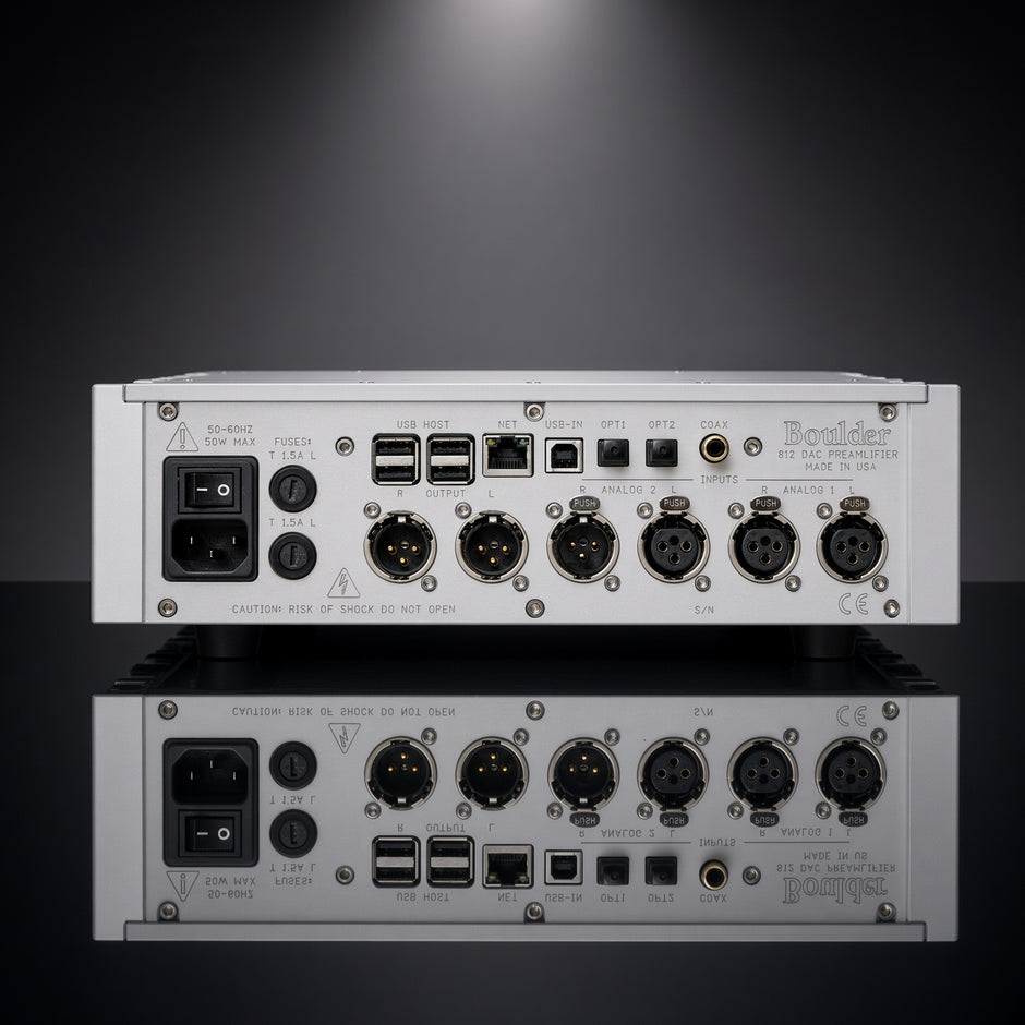 Boulder 812 DAC／前級／耳機放大器背面，平衡 XLR、USB／同軸／光纖／網絡輸入與前級輸出