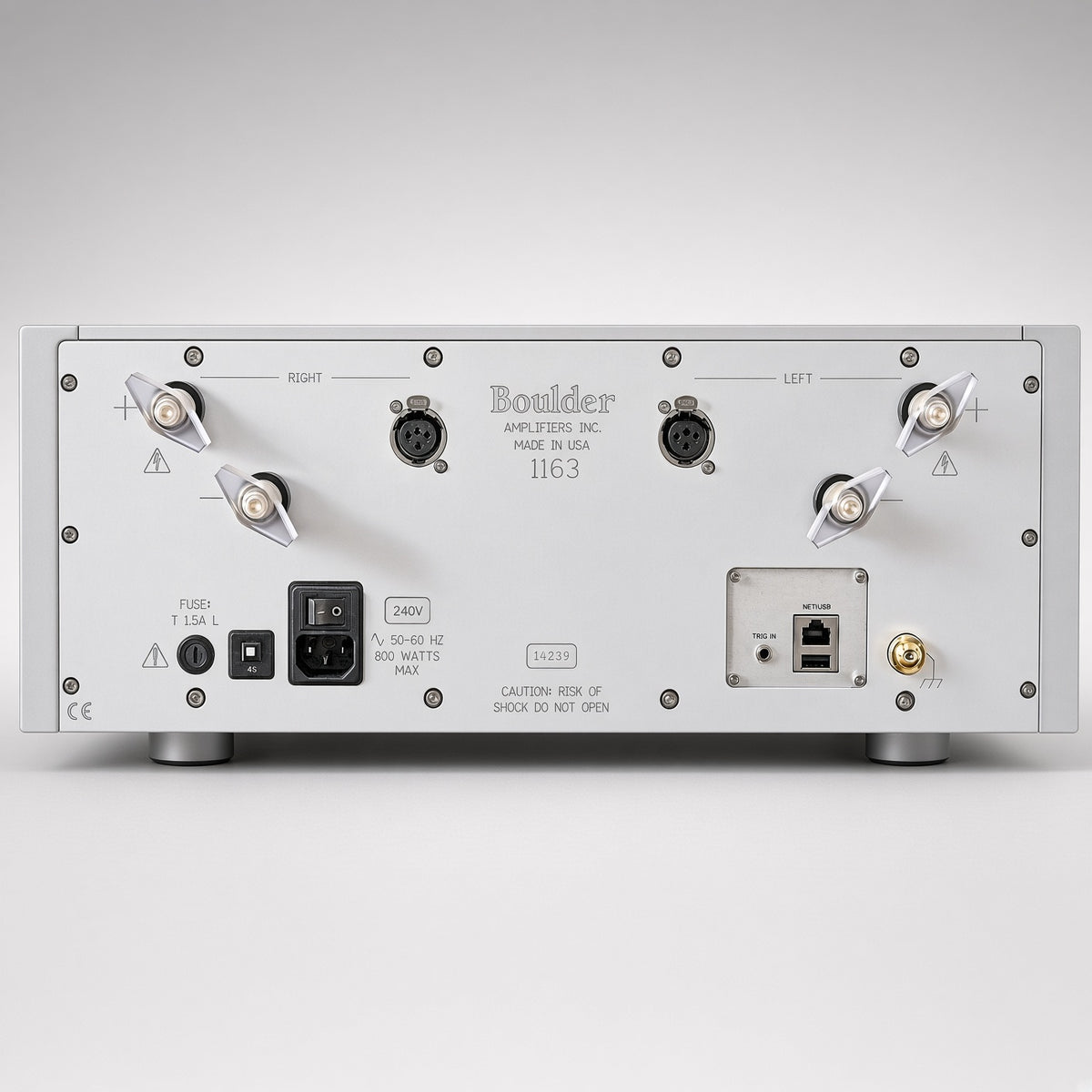 Boulder 1163 stereo power amplifier rear panel with XLR inputs, speaker binding posts and IEC inlet