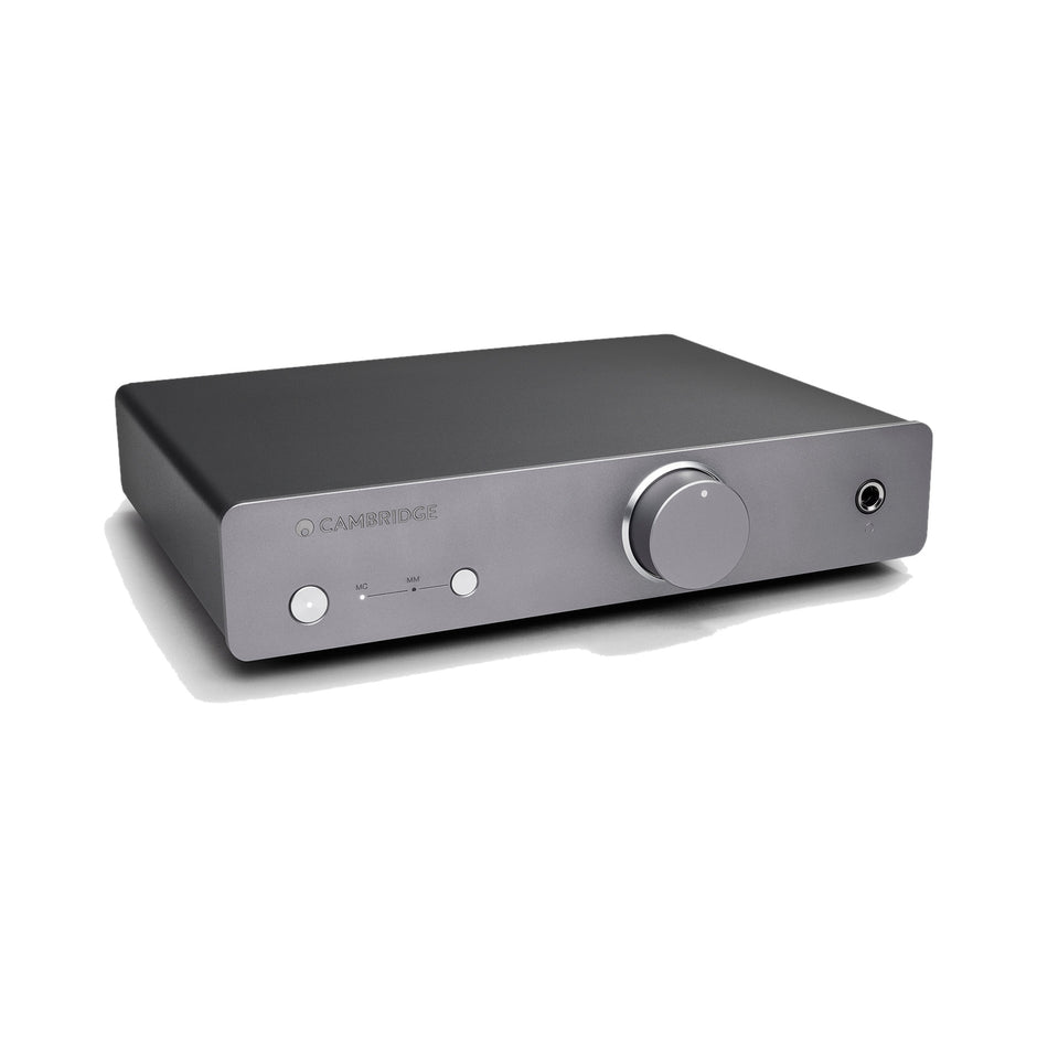 Cambridge Audio Alva Duo phono preamplifier three-quarter view, grey chassis with volume knob and headphone jack