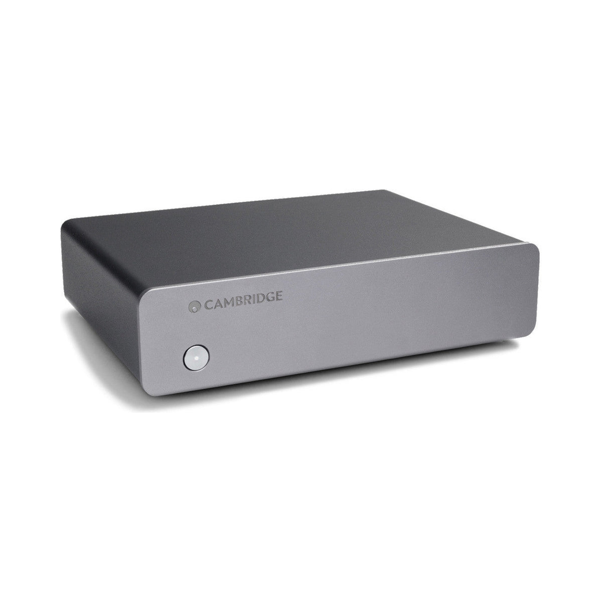 Cambridge Audio Alva Solo MM phono preamplifier three-quarter view, grey chassis and power button