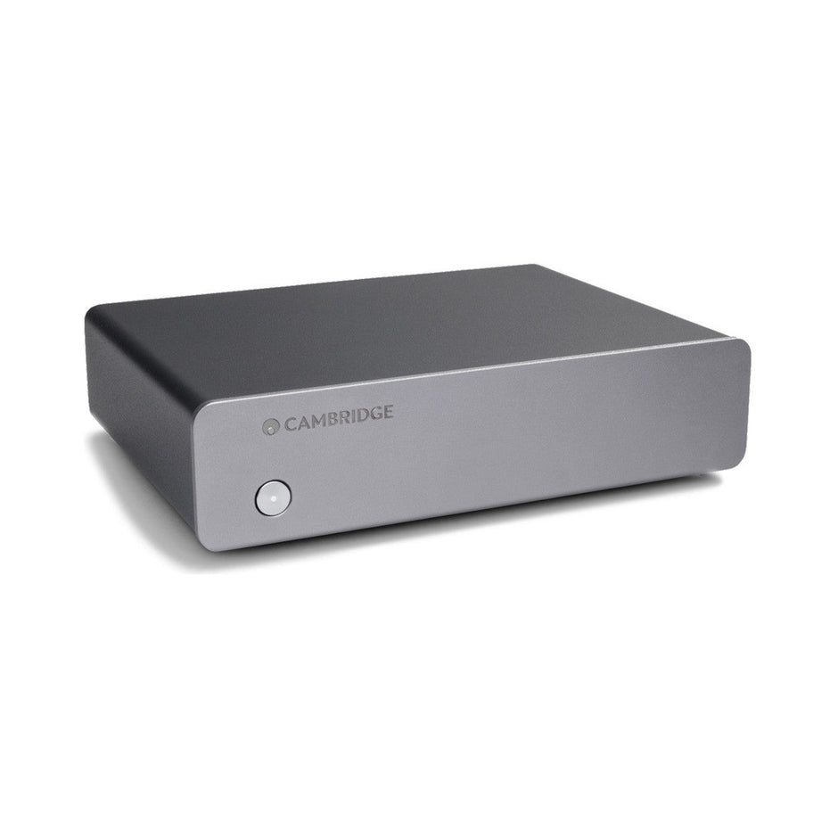 Cambridge Audio Alva Solo MM phono preamplifier three-quarter view, grey chassis and power button