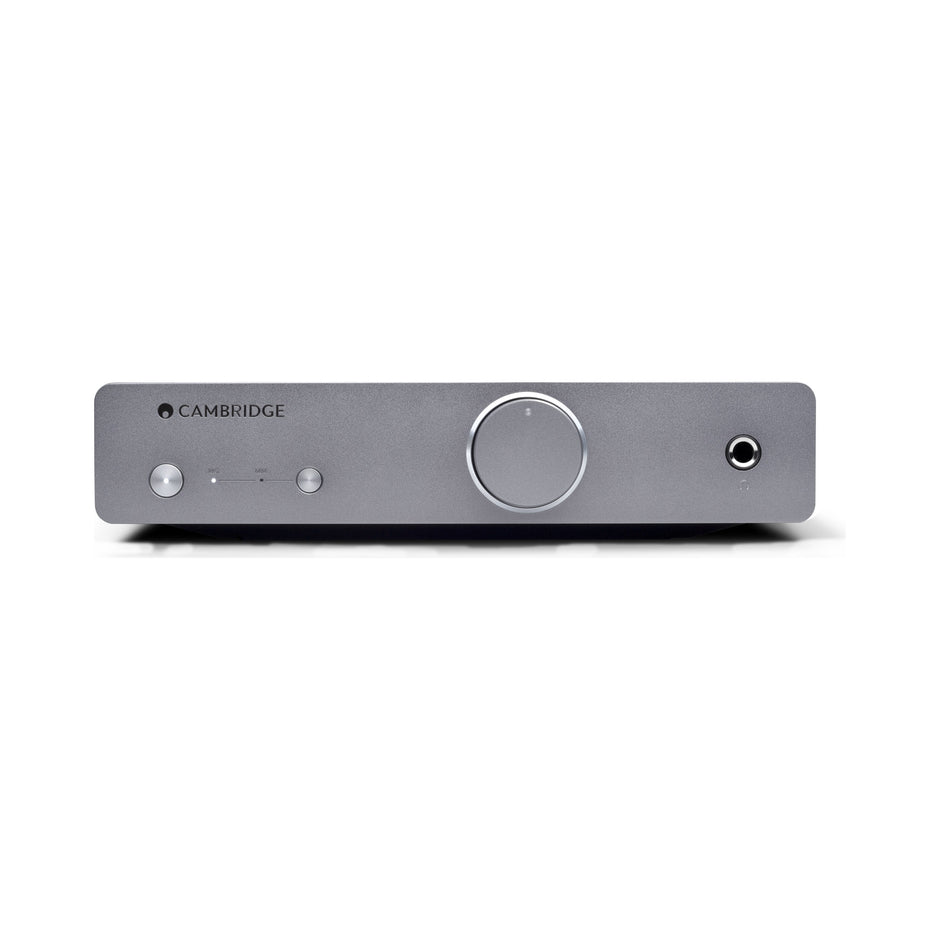 Cambridge Audio Alva Duo phono preamplifier front, grey chassis with volume knob and headphone jack