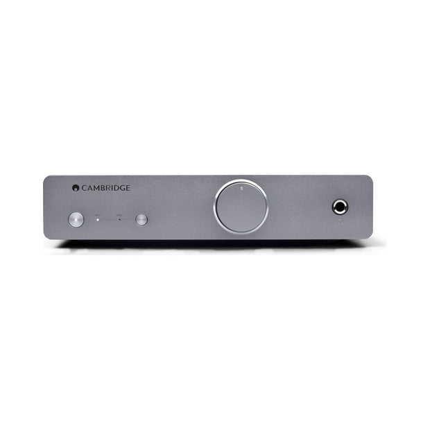 Cambridge Audio Alva Duo phono preamplifier front, grey chassis with volume knob and headphone jack