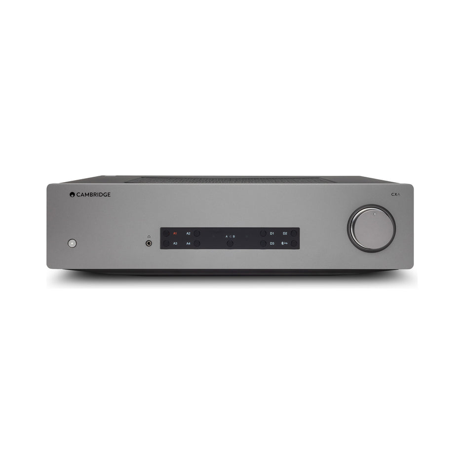 Cambridge Audio CXA81 Mk II integrated amplifier front, grey chassis with function buttons and volume knob