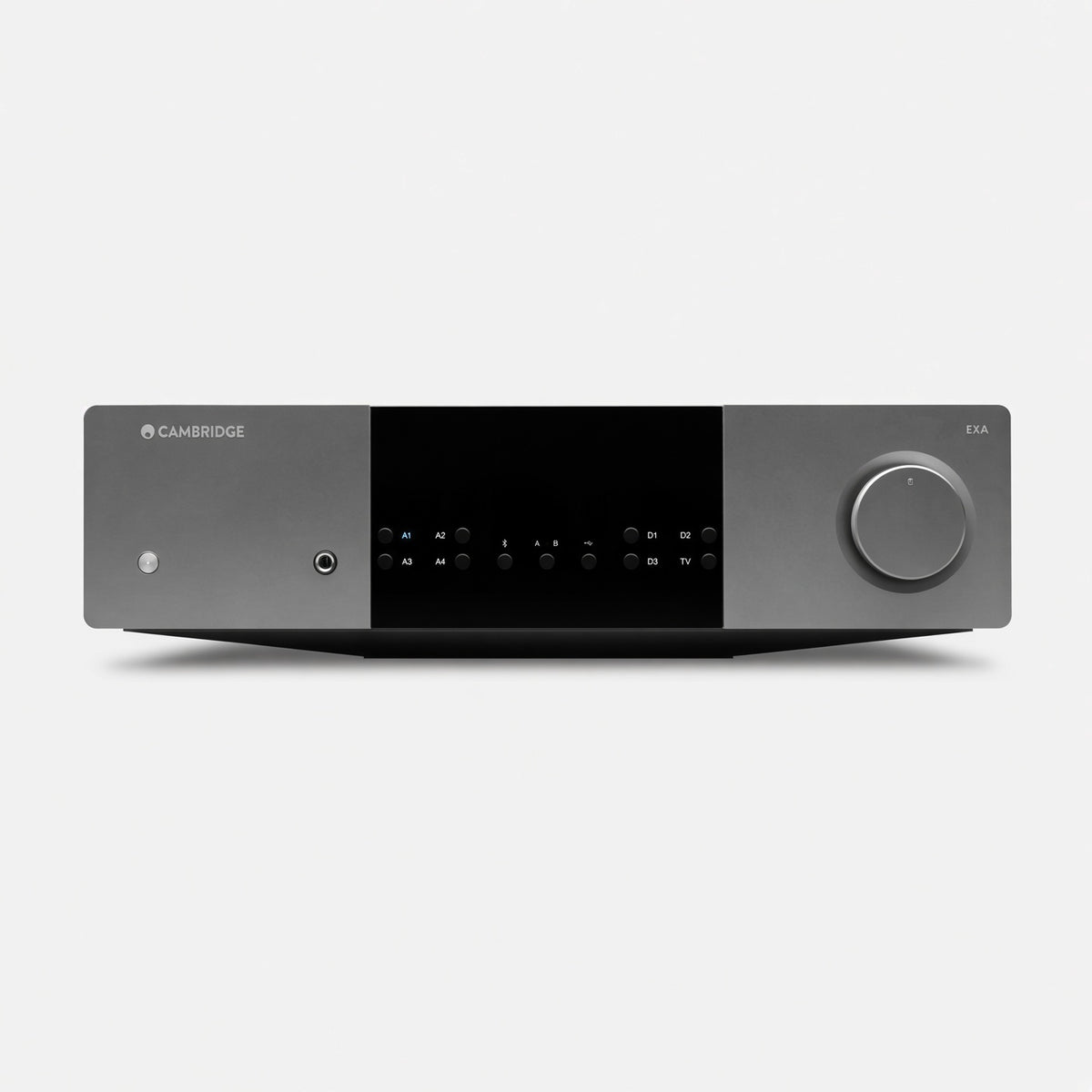 Cambridge Audio EXA100 integrated amplifier front, grey chassis with function buttons and volume knob