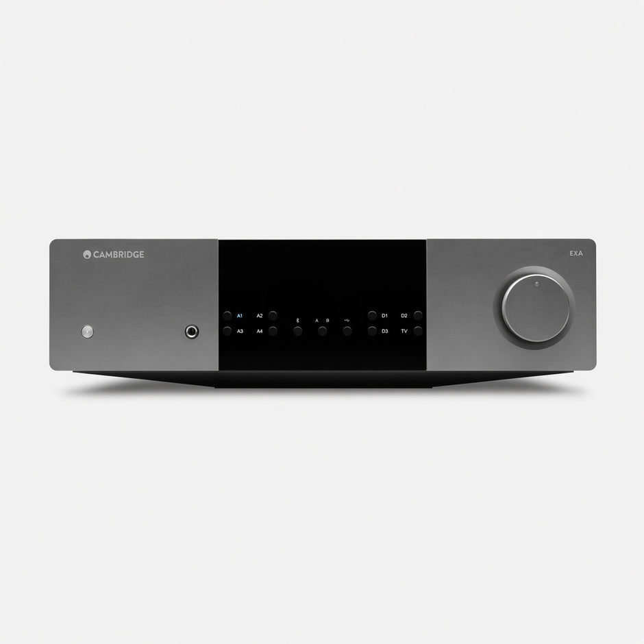 Cambridge Audio EXA100 integrated amplifier front, grey chassis with function buttons and volume knob