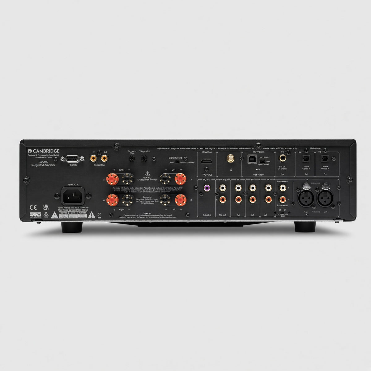 Cambridge Audio EXA100 integrated amplifier rear panel with speaker posts, analogue and digital inputs and IEC inlet