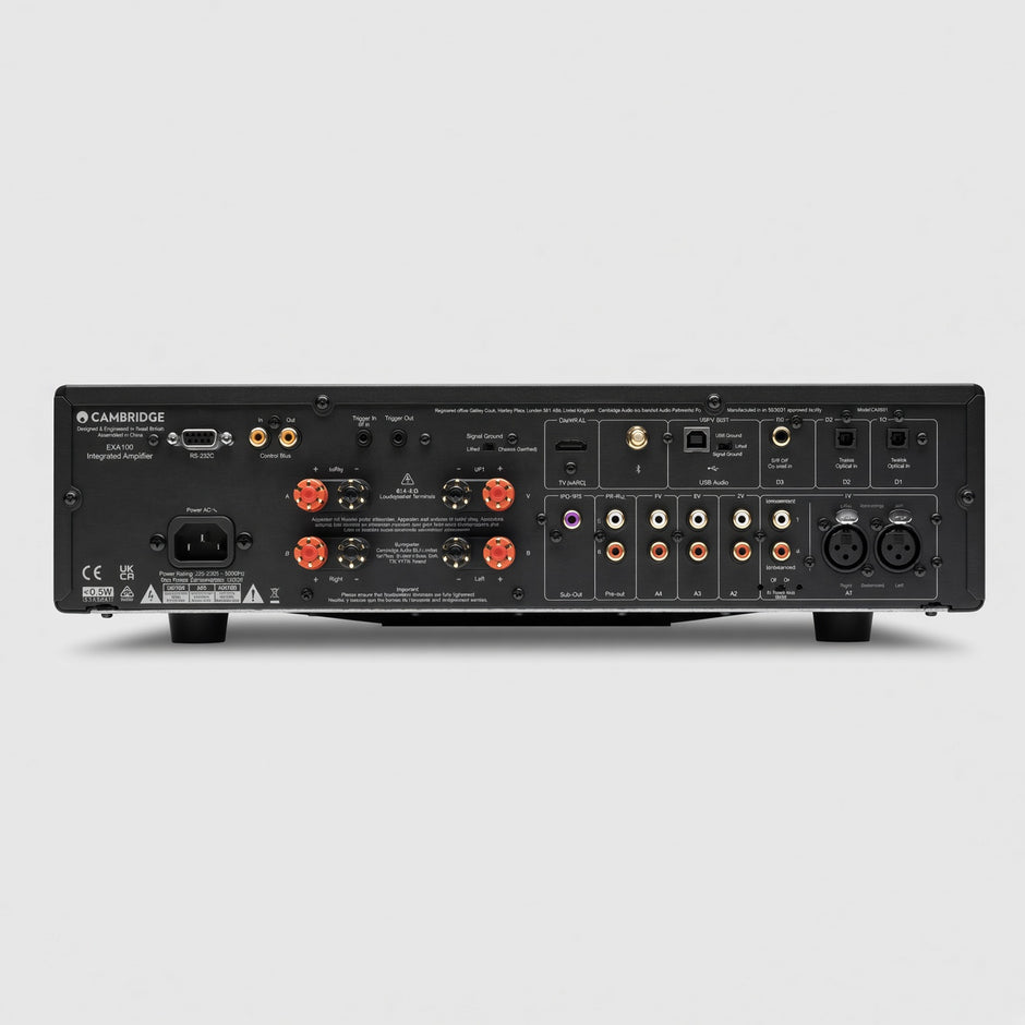 Cambridge Audio EXA100 integrated amplifier rear panel with speaker posts, analogue and digital inputs and IEC inlet