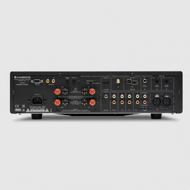 Cambridge Audio EXA100 integrated amplifier rear panel with speaker posts, analogue and digital inputs and IEC inlet