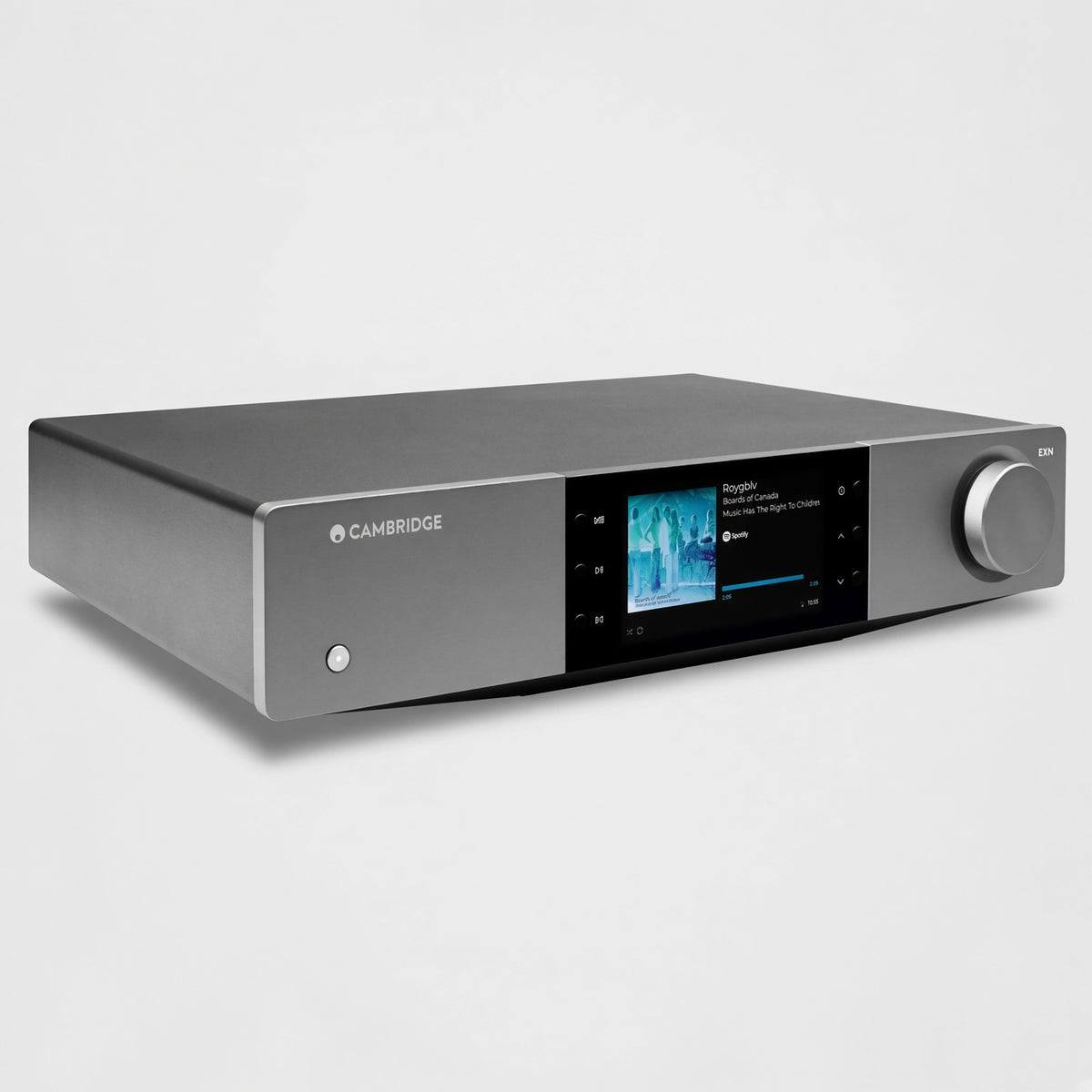 Cambridge Audio EXN100 network streamer three-quarter view, grey chassis with colour display and volume knob