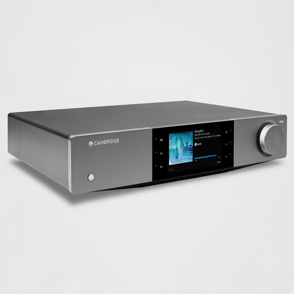 Cambridge Audio EXN100 network streamer three-quarter view, grey chassis with colour display and volume knob