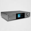 Cambridge Audio EXN100 network streamer three-quarter view, grey chassis with colour display and volume knob