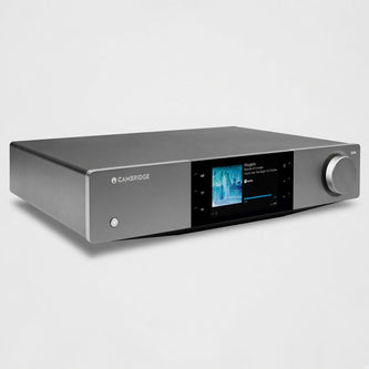 Cambridge Audio EXN100 network streamer three-quarter view, grey chassis with colour display and volume knob