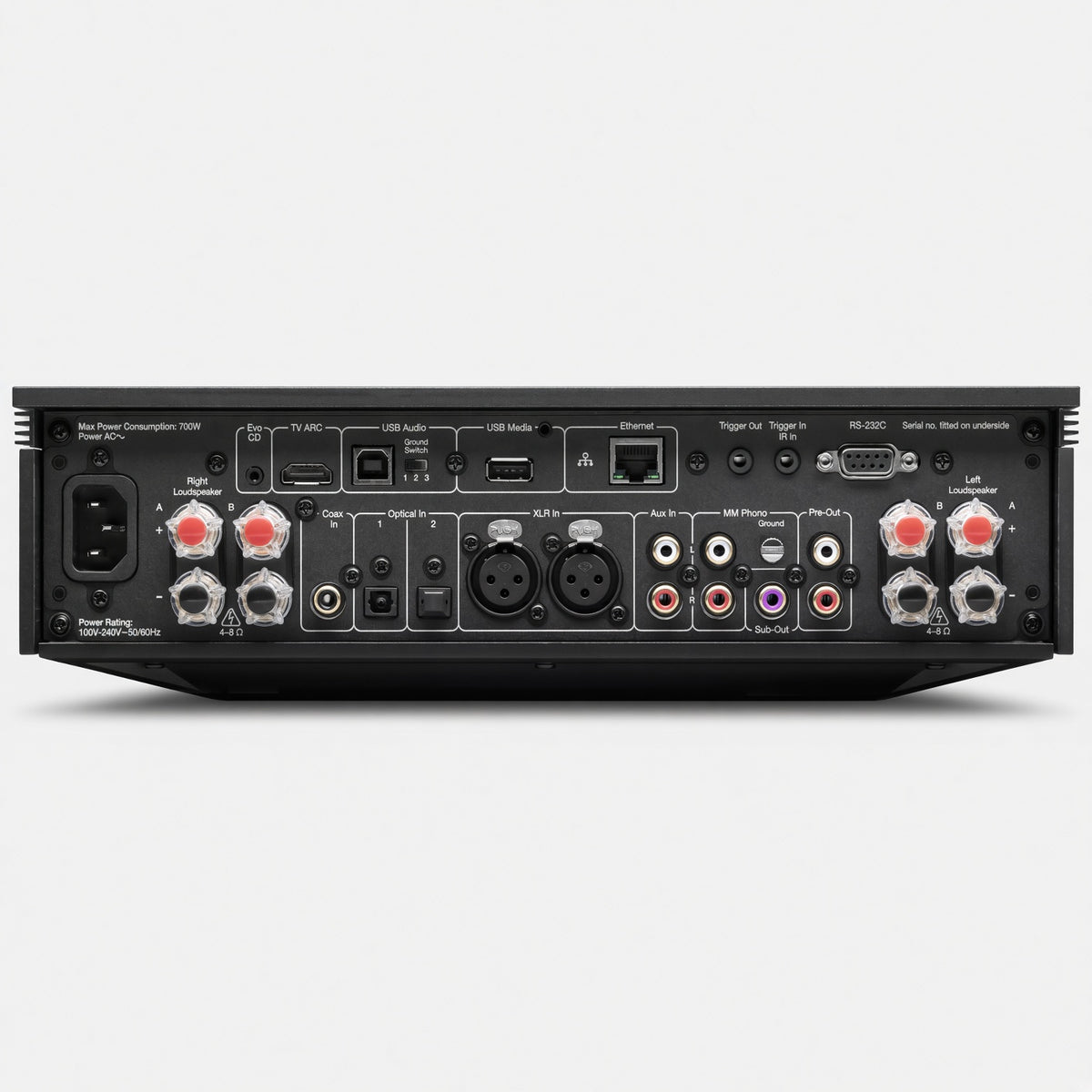 Cambridge Audio Evo 150 SE rear panel with speaker posts, analogue and digital inputs and IEC inlet