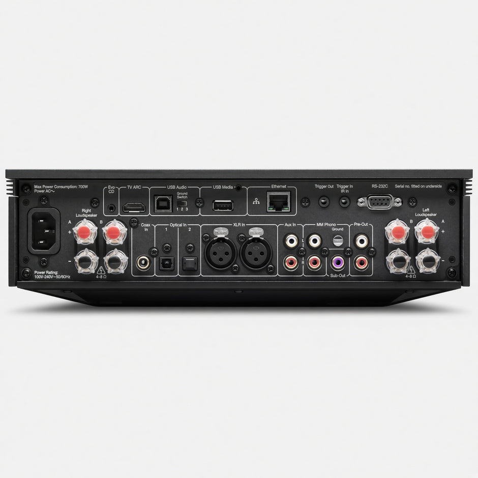Cambridge Audio Evo 150 SE rear panel with speaker posts, analogue and digital inputs and IEC inlet