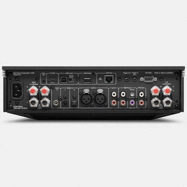 Cambridge Audio Evo 150 SE rear panel with speaker posts, analogue and digital inputs and IEC inlet