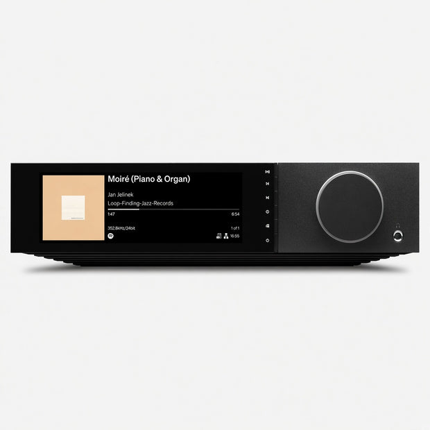 Cambridge Audio Evo 300 streaming amplifier front, colour display and large volume knob