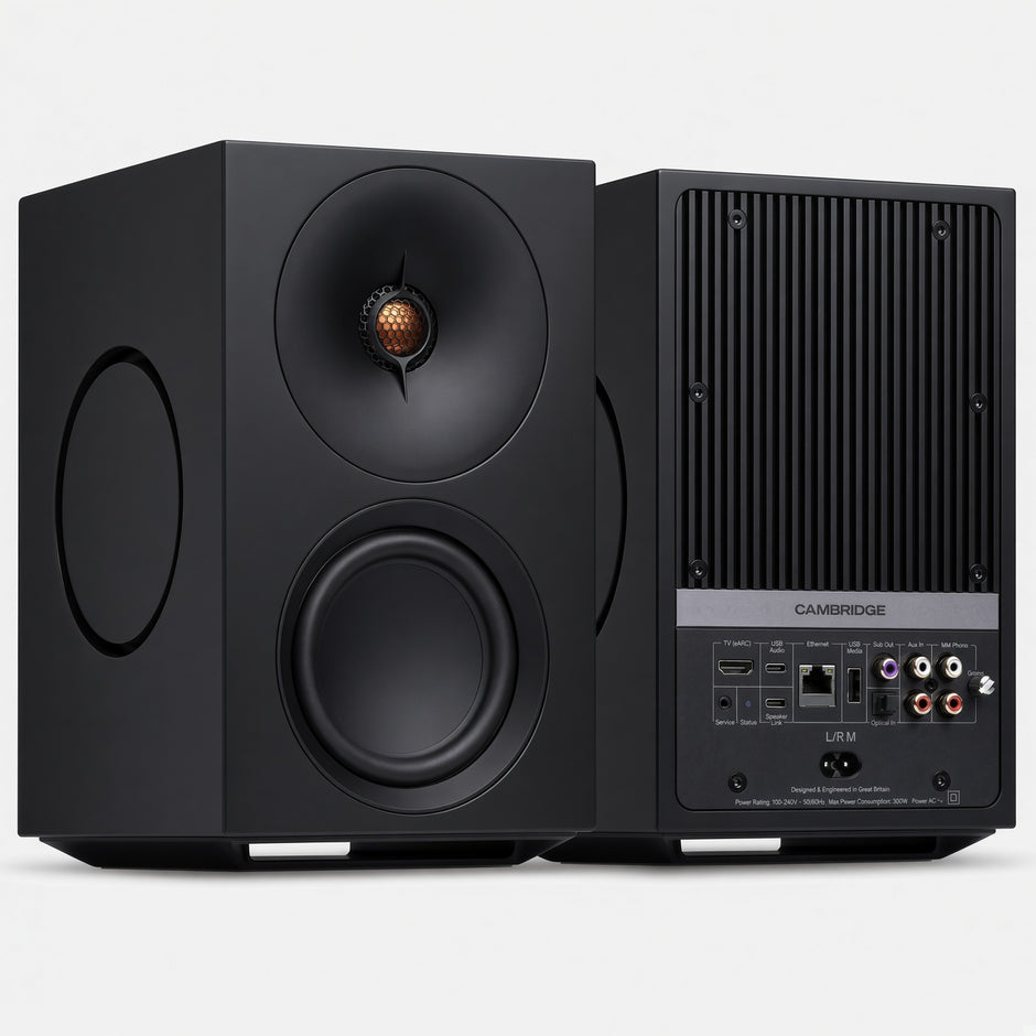 Cambridge Audio L/R M black active speakers, front drivers and rear input panel