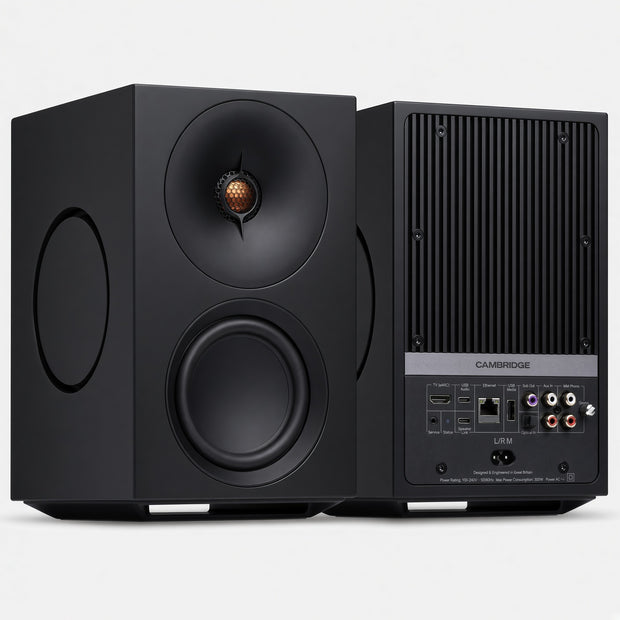 Cambridge Audio L/R M black active speakers, front drivers and rear input panel