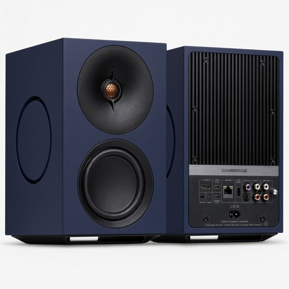 Cambridge Audio L/R M blue active speakers, front and rear