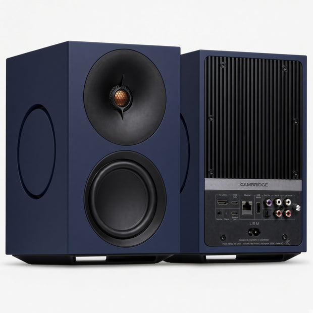 Cambridge Audio L/R M blue active speakers, front and rear