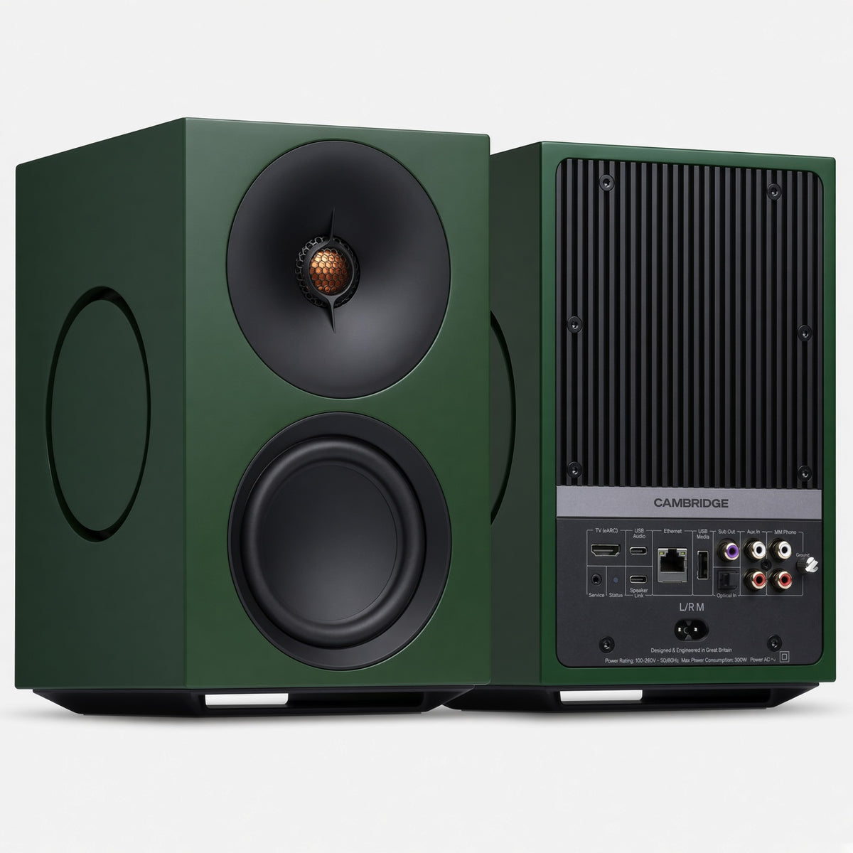 Cambridge Audio L/R M green active speakers, front and rear