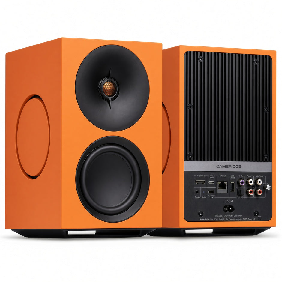 Cambridge Audio L/R M orange active speakers, front and rear