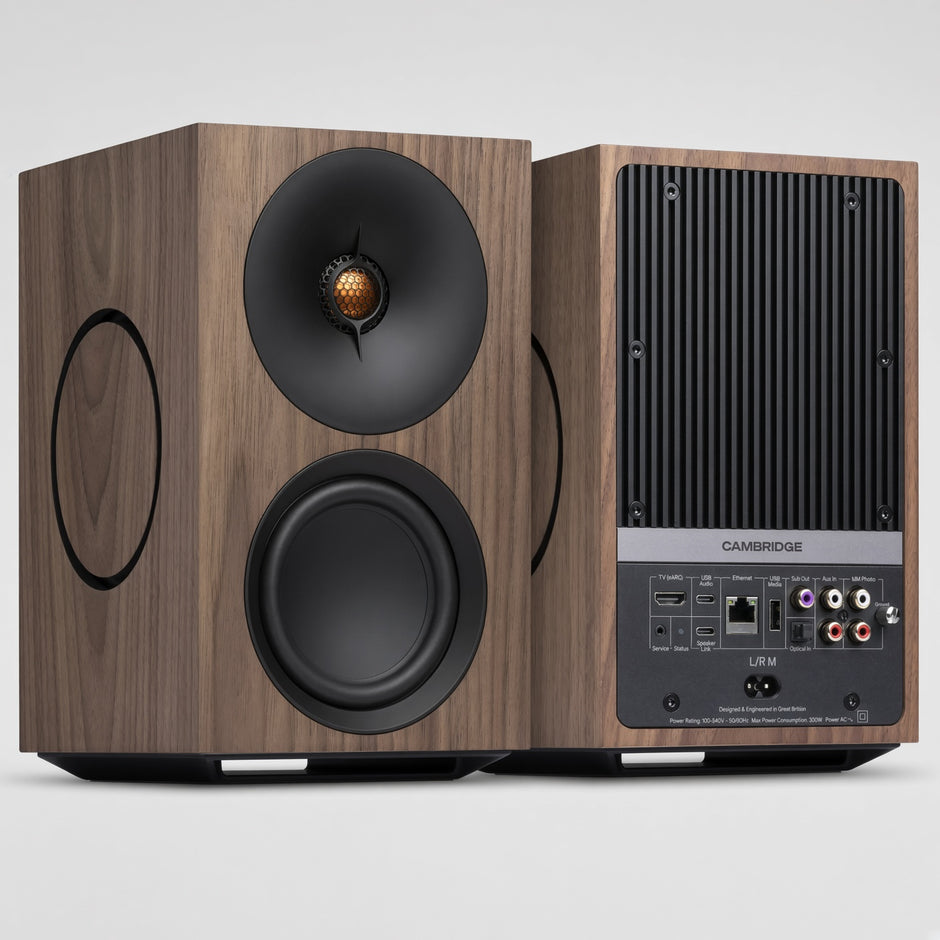 Cambridge Audio L/R M walnut active speakers, front and rear