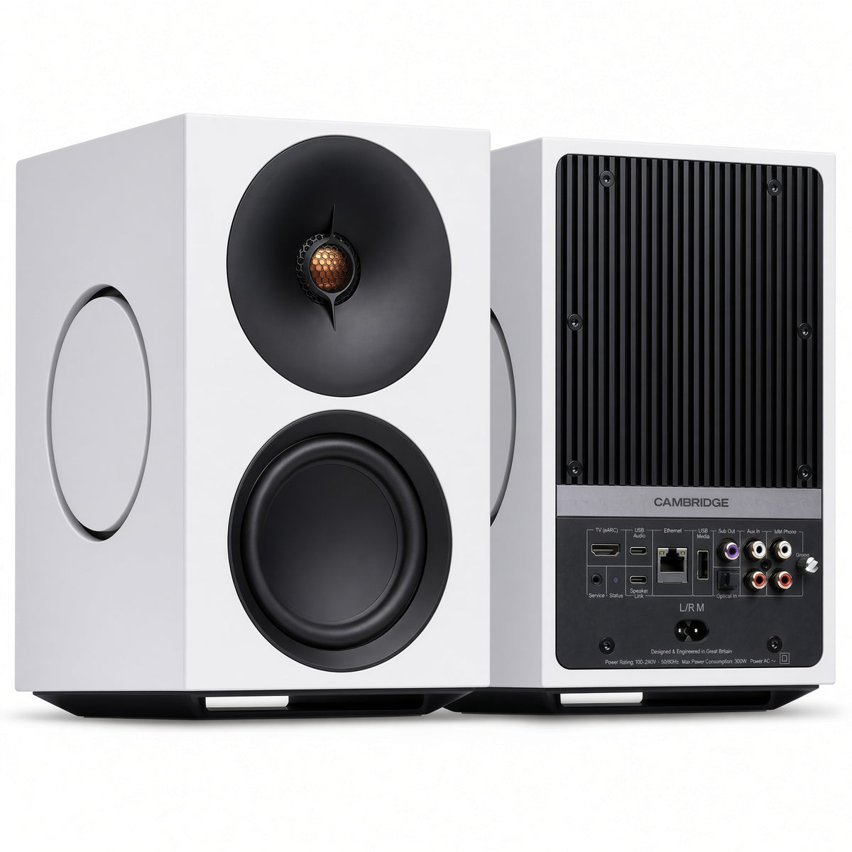 Cambridge Audio L/R M white active speakers, front and rear