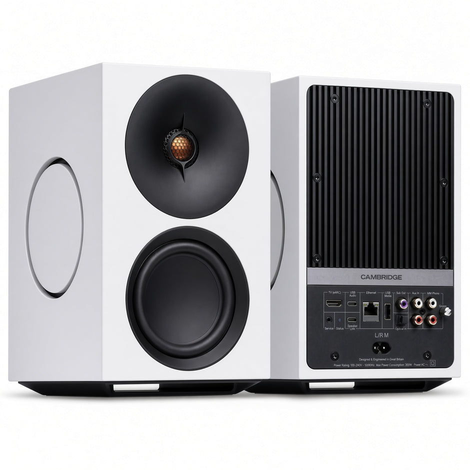 Cambridge Audio L/R M white active speakers, front and rear