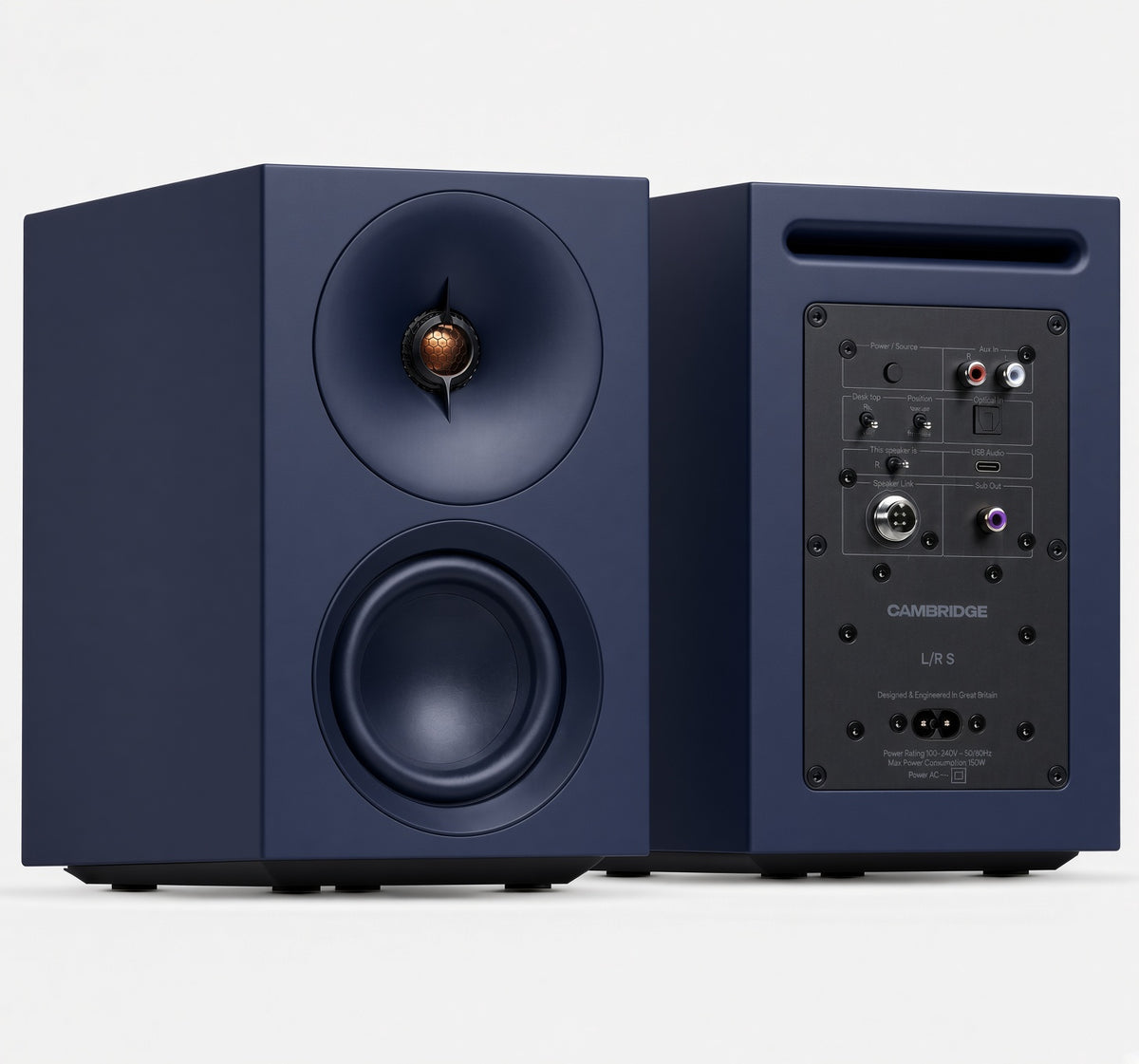 Cambridge Audio L/R S blue active speakers, front drivers and rear input panel