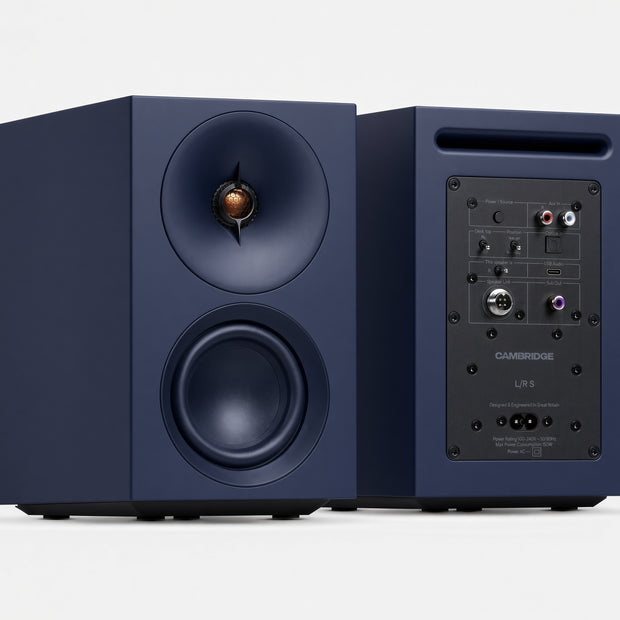 Cambridge Audio L/R S blue active speakers, front drivers and rear input panel