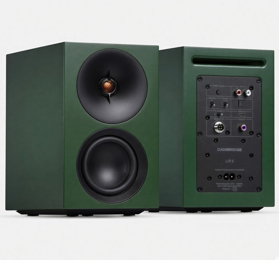 Cambridge Audio L/R S green active speakers, front and rear
