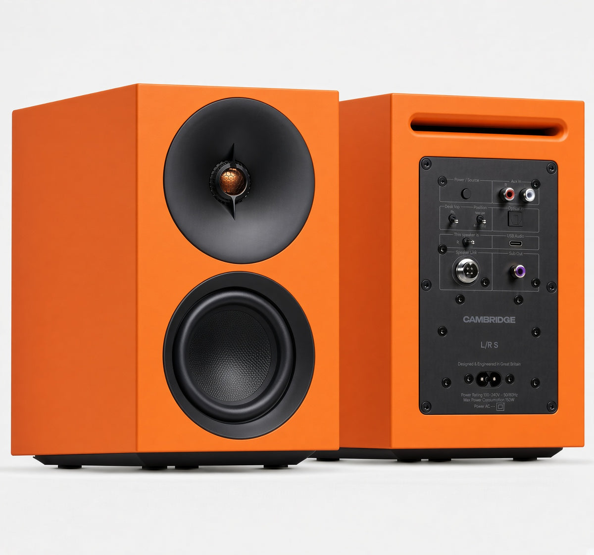 Cambridge Audio L/R S orange active speakers, front and rear