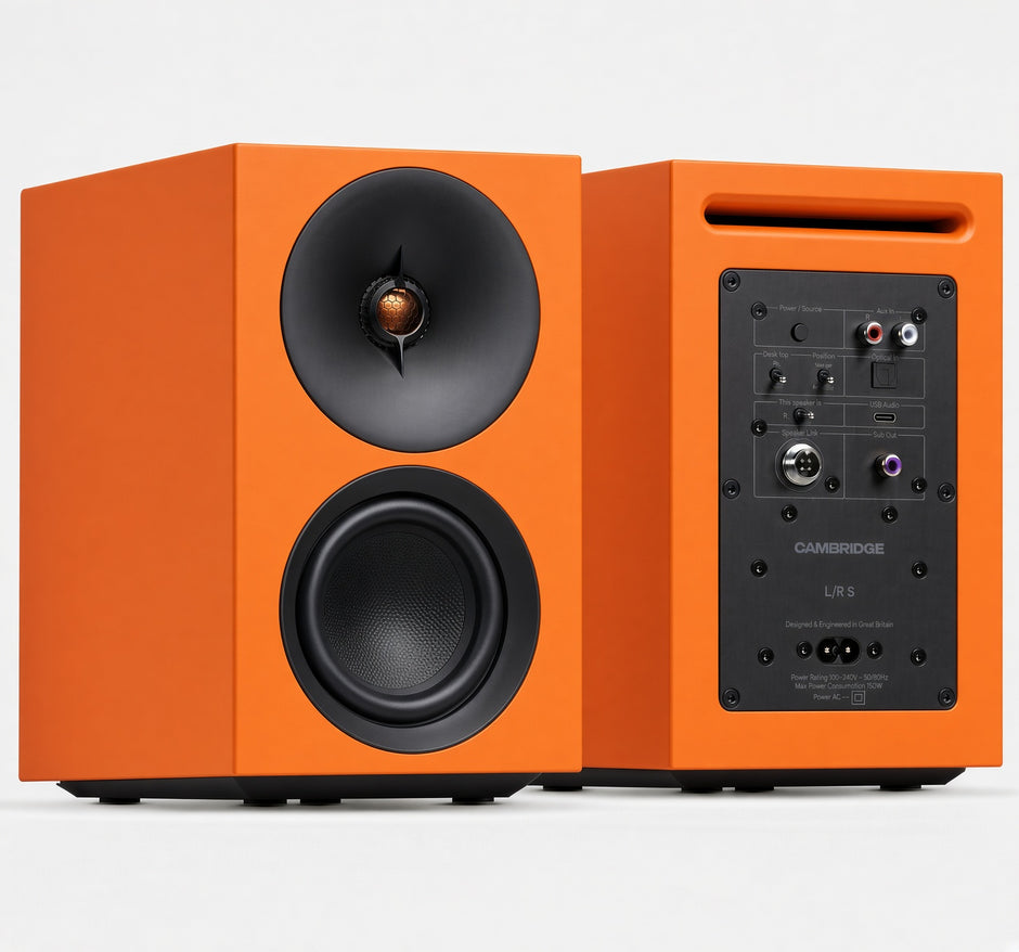Cambridge Audio L/R S orange active speakers, front and rear