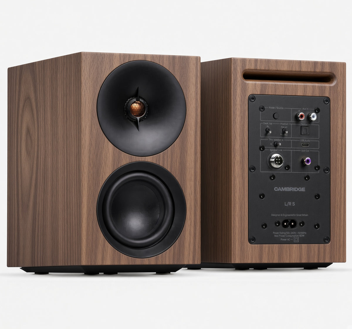 Cambridge Audio L/R S walnut active speakers, front and rear