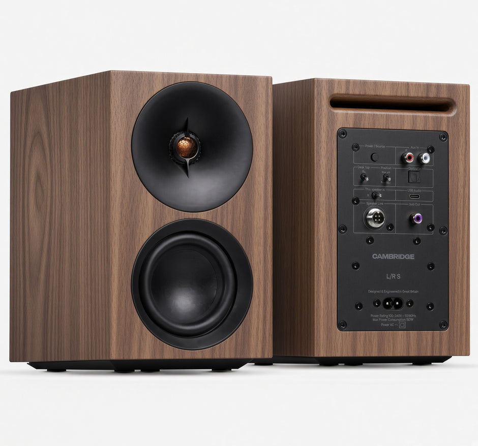 Cambridge Audio L/R S walnut active speakers, front and rear
