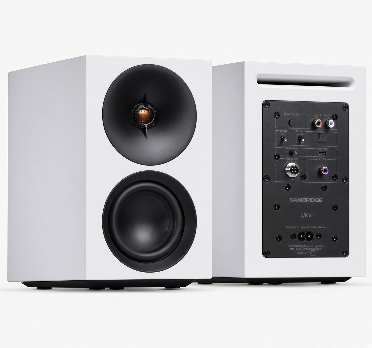 Cambridge Audio L/R S white active speakers, front and rear
