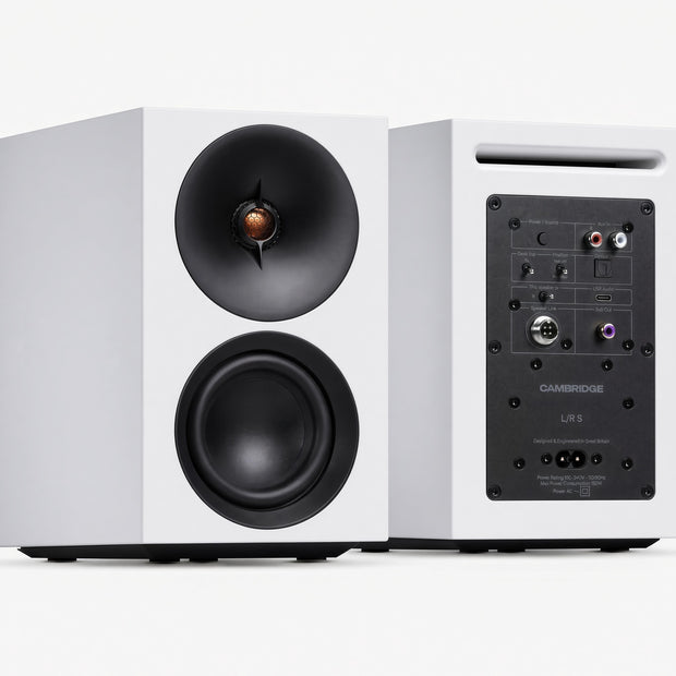 Cambridge Audio L/R S white active speakers, front and rear