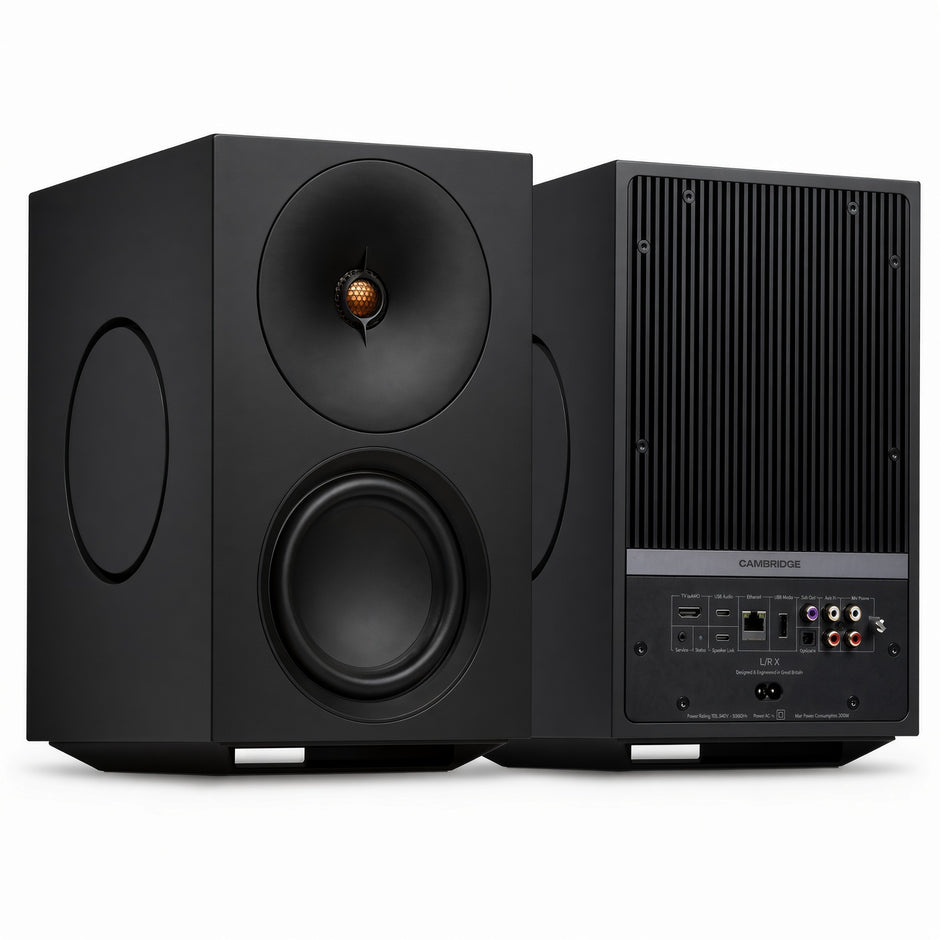 Cambridge Audio L/R X black active speakers, front and rear