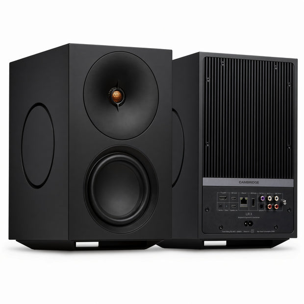 Cambridge Audio L/R X black active speakers, front and rear