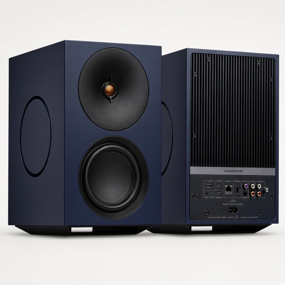 Cambridge Audio L/R X blue active speakers, front and rear